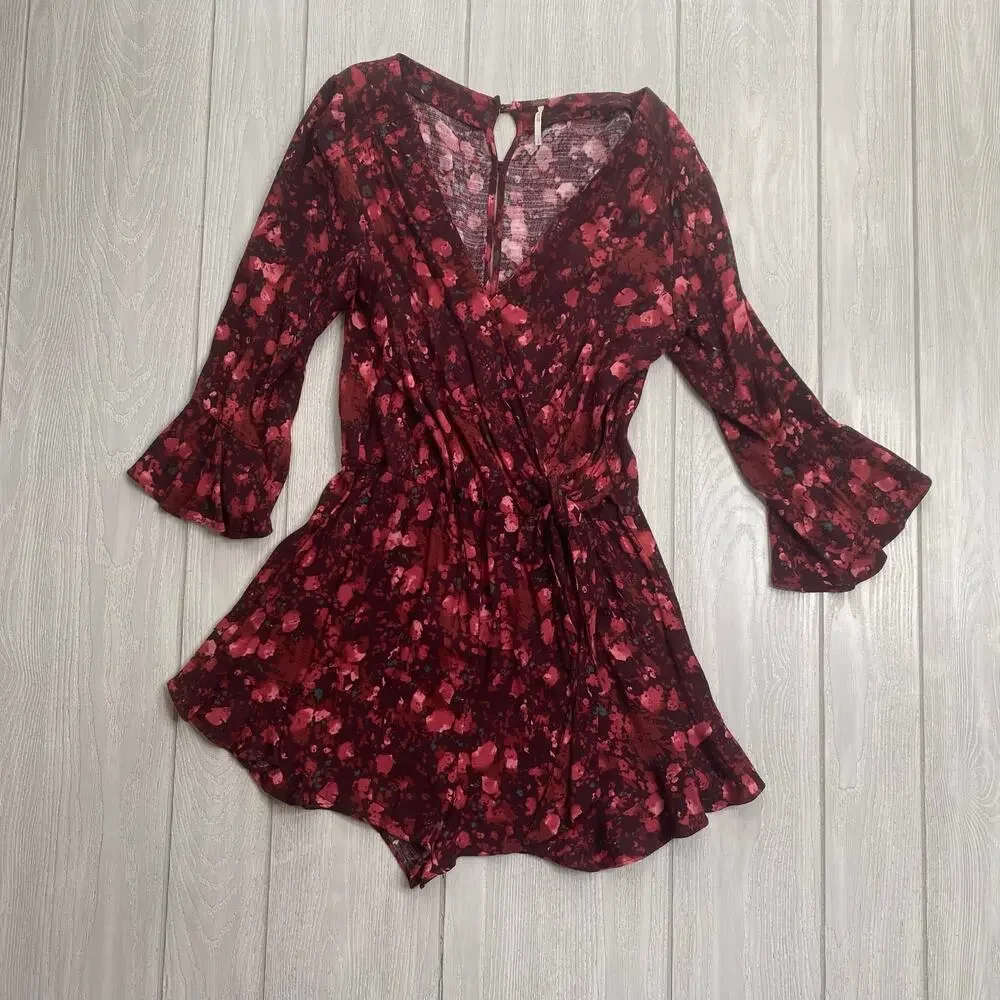 Free People Women's Berry Burgundy All The Right Ruffles Romper Size Small